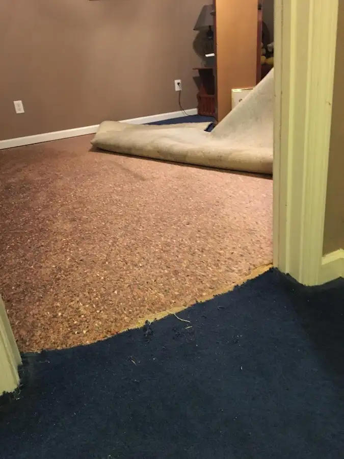 Carpet pad removal revealing water damage during Drying & Dehumidification in Seabrook